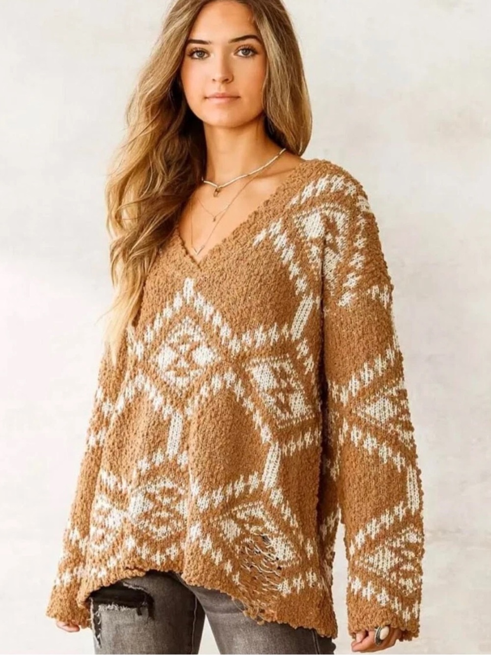 HYFVE Destructed Popcorn Knit Aztec Oversized Chunky Boho Sweater Size Medium